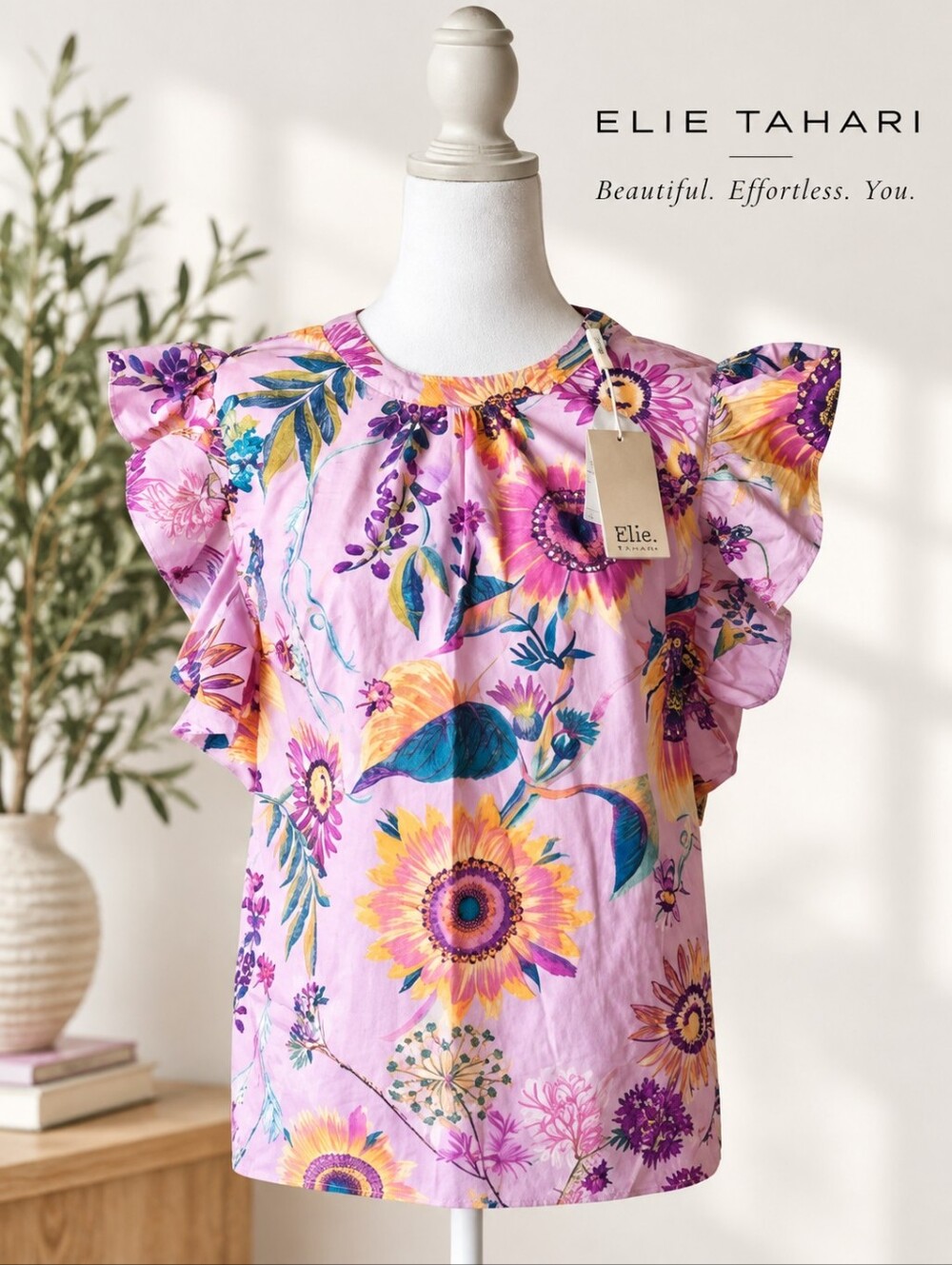 ELIE TAHARI Pink Floral Ruffled Sleeve Blouse Size M Cottagecore Boho Fall
